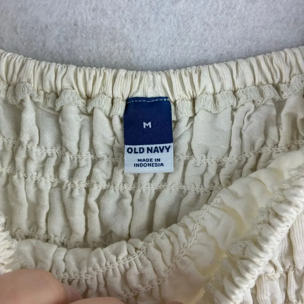 Old Navy All Over Smocking Puff Slv Crop Boho Cottage Blouse Womens Medium Ivory